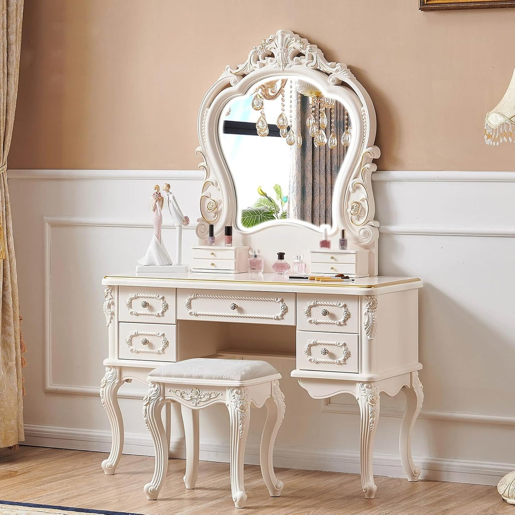 Dressing Table,Vanity Desk with Drawers and Cushioned Stool,Makeup Vanity Table Set with Mirror and Light,European Retro(D)