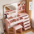 VOWNER Vanity with Mirror and Lights - 47' Glass Top Makeup Vanity Desk with 7 Drawers, 3 Storage Shelves and Outlet, 3 Color Lighting Modes Adjustable Brightness, Makeup Table for Bedroom (Pink)