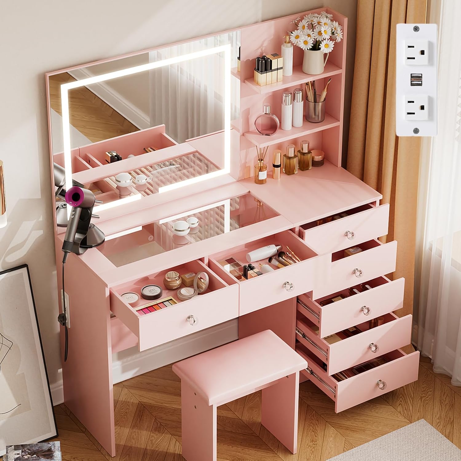 VOWNER Vanity with Mirror and Lights - 47' Glass Top Makeup Vanity Desk with 7 Drawers, 3 Storage Shelves and Outlet, 3 Color Lighting Modes Adjustable Brightness, Makeup Table for Bedroom (Pink)