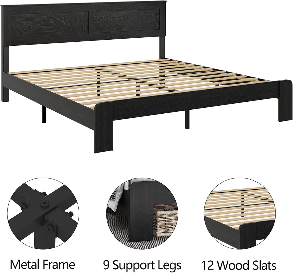NNOOTK King Size Bed Frame, Rustic Vintage Platform Bed Frame with Wood Headboard and Footboard, 12 Wood Slats Support, No Box Spring Needed (Black, King)