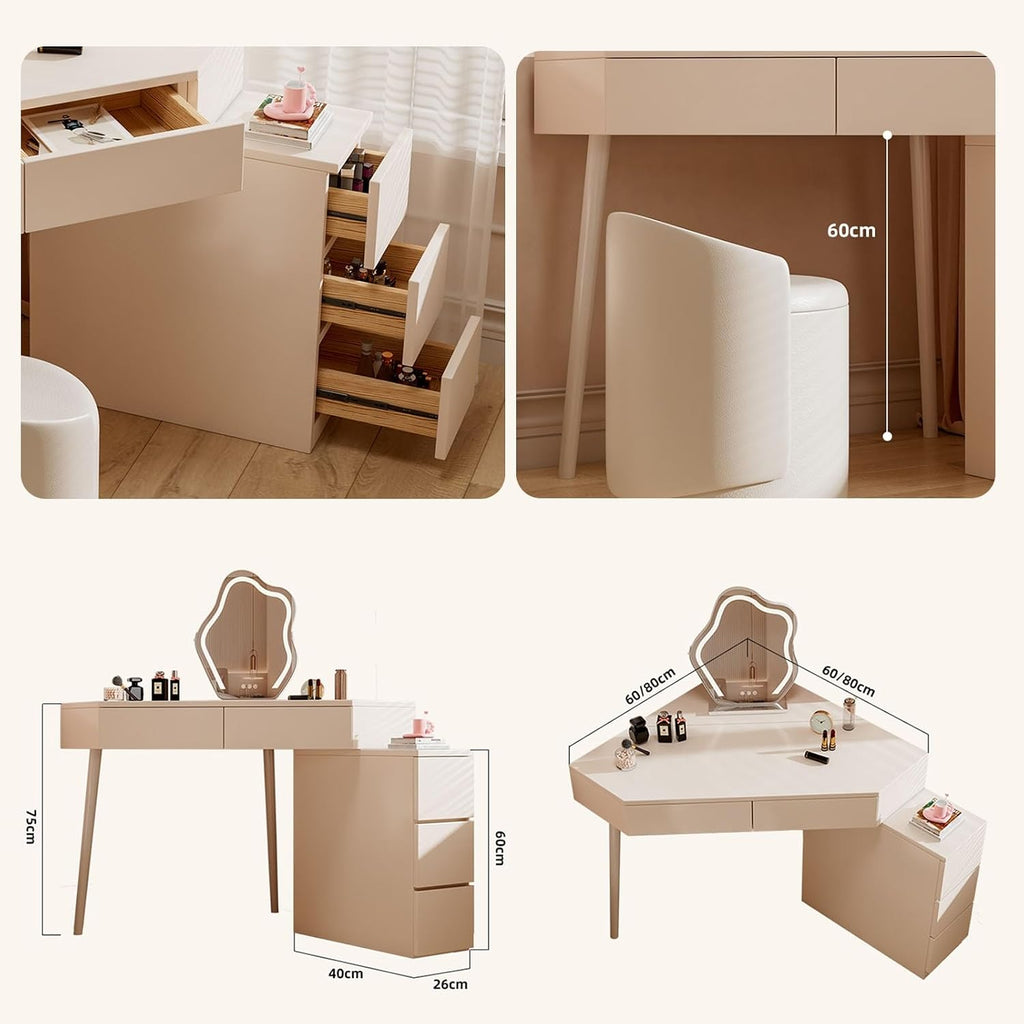 UPGENT Corner Vanity Set with Lighted Mirror, Corner Dressing Table with Stool, Makeup Dressing Table with Drawers, Cabinet and Cushioned Stool for Bedroom Dressing Room