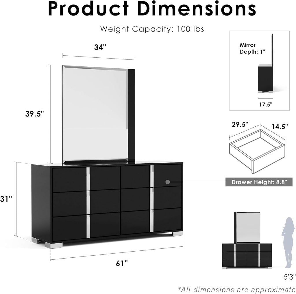 Furniture of America Alistair Modern Wood 6-Piece Bedroom Collection with Bed Frame, Chest, 2-Drawer Nightstands and 6-Drawer Dresser with Mirror, Box Spring Required, Black, Queen