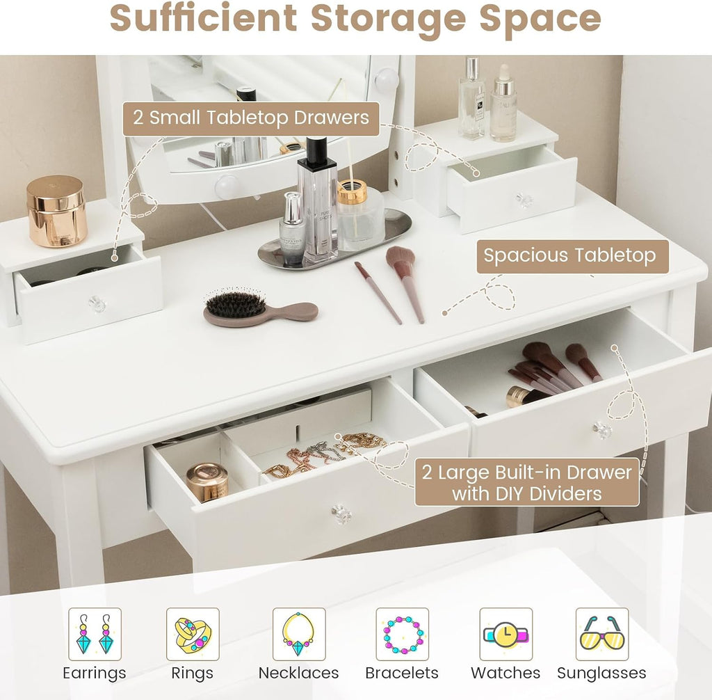 GOFLAME Vanity Table Set with Rotatable Lighted Mirror, 3-in-1 LED Lights, 4 Drawers, Dressing Table with Cushioned Stool for Bedroom (White)