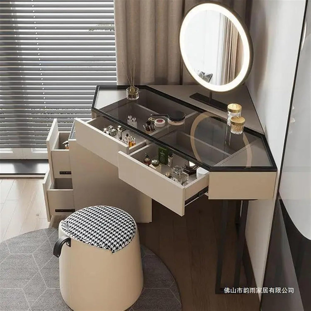 Makeup Vanity Desk Corner Desk Space Saving with Storage Cabinets and Circular Mirrors, Easy Assembly Triangle Vanity with Glass Desktop Writing for Small