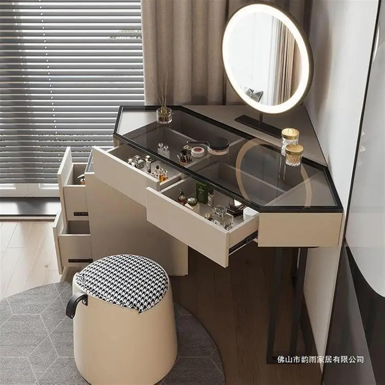 Makeup Vanity Desk Corner Desk Space Saving with Storage Cabinets and Circular Mirrors, Easy Assembly Triangle Vanity with Glass Desktop Writing for Small