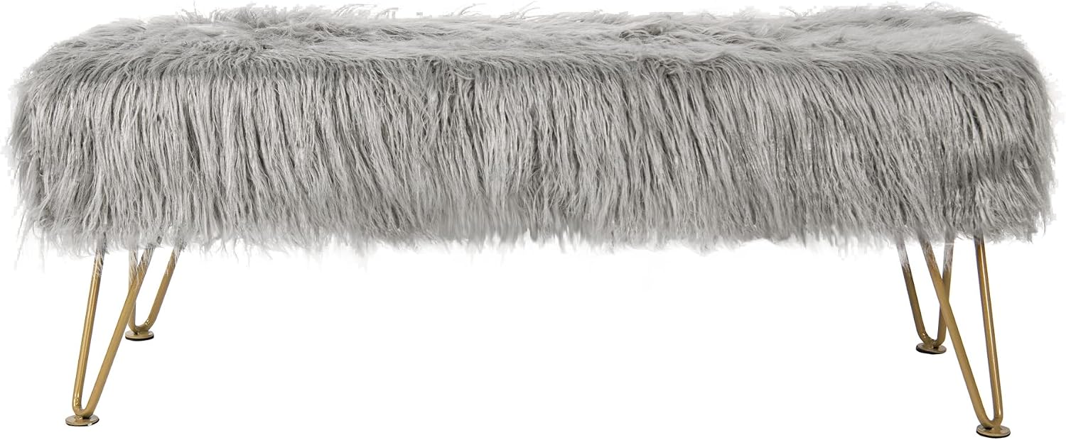 Gray Soft Plush Faux Fur Ottoman Entryway Bench Furry Footrest Stool 46'x16'x17' Sturdy Accent Long Bench for Bedroom End of Bed Closet Vanity Fuzzy Coffee Table Living Room Ottoman Gold Legs