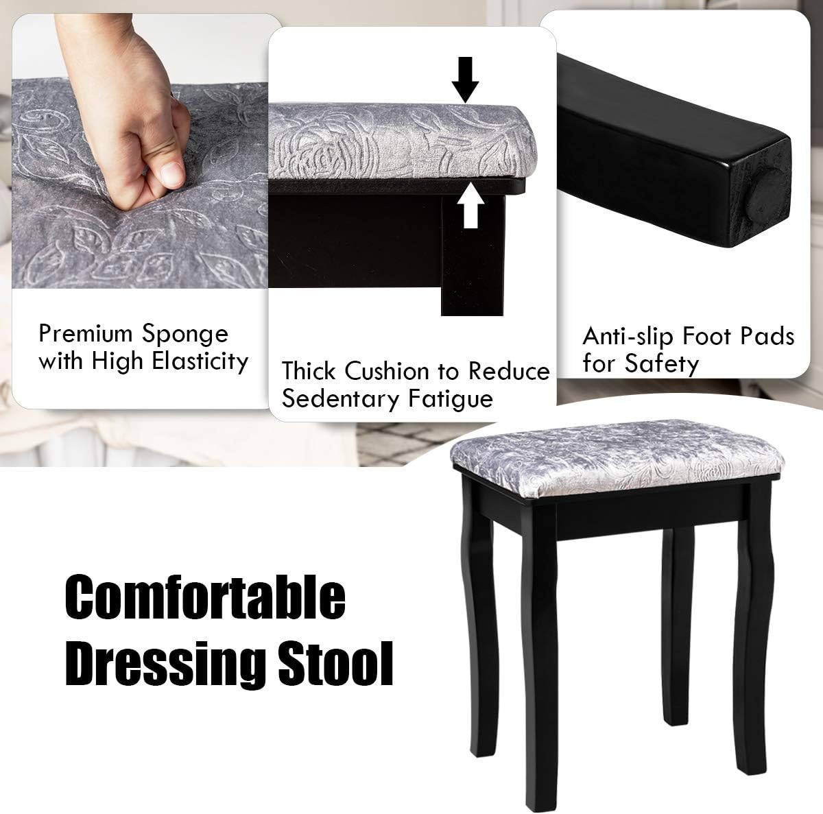 DORTALA Vanity Table Set w/ 360-Degree Rectangular Mirror & Cushioned Stool, Makeup Table w/ 10 LED Dimmable Bulbs, Bedroom Wood Dressing Table w/ 5 Drawers & Removable Box Organizer, Black