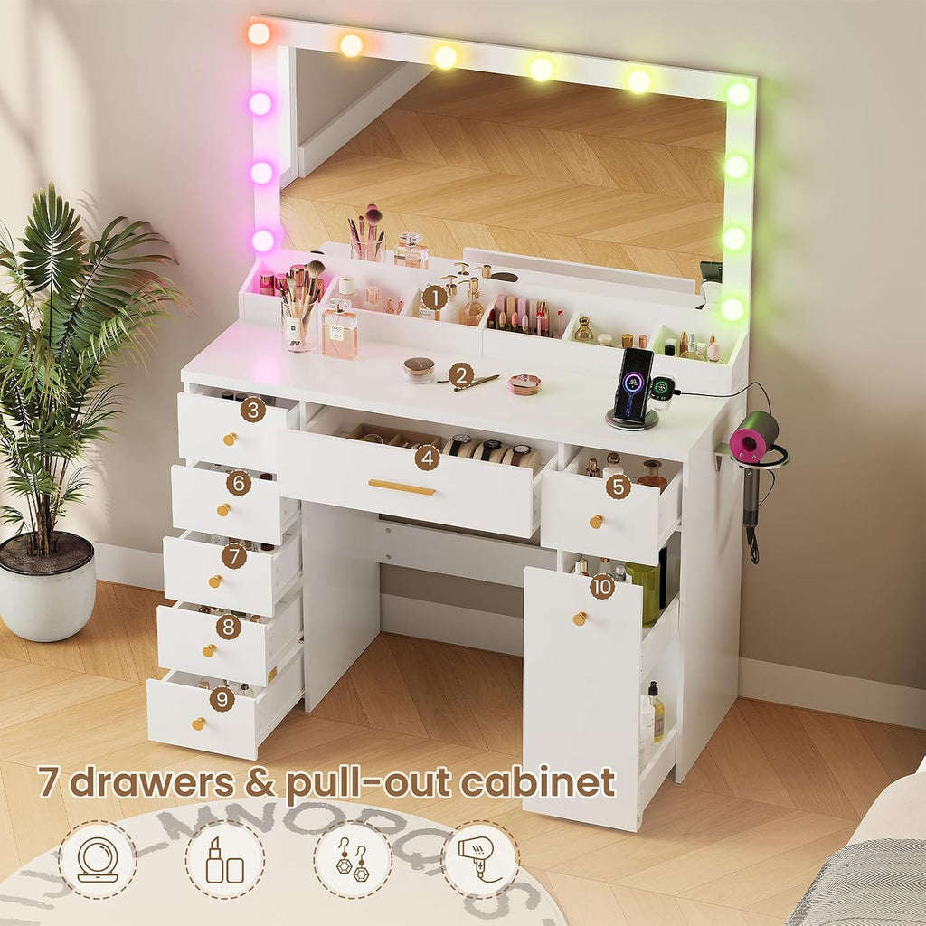 LAKEMID White Vanity Desk with Mirror and Lights, Makeup Vanity Table with Outlet and 8 Drawers,Makeup Table with 20 Color RGB Led Lights,Dressing Table for Bedroom Women