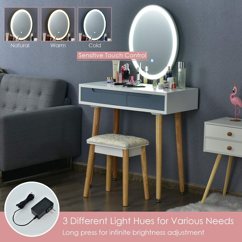 CHARMAID Vanity Set with Lighted Mirror, 3 Modes Adjustable Brightness Mirror, Makeup Dressing Table with Cushioned Stool, 2 Sliding Drawers with Divider, Modern Bedroom Vanity for Girls Women (Gray)