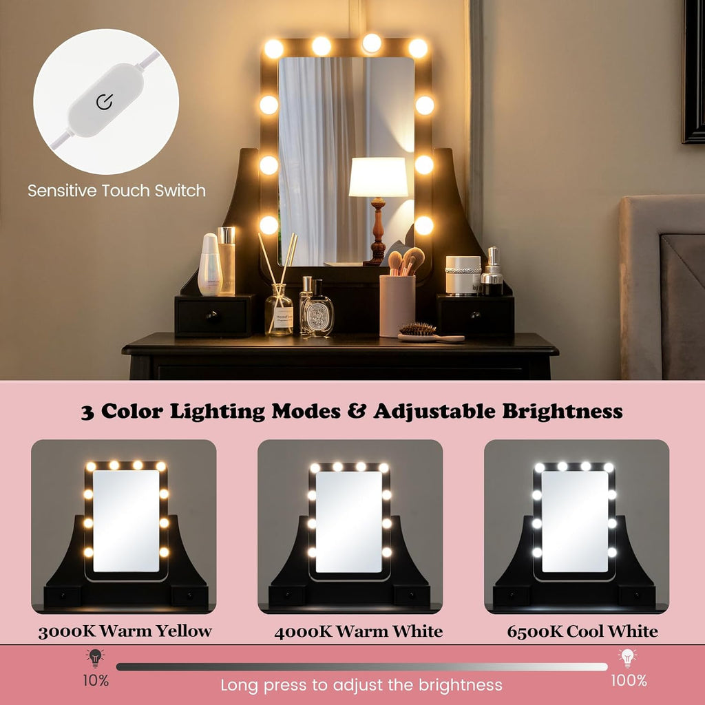 CHARMAID Makeup Vanity Desk with Lighted Mirror, 3 Color Lighting Modes, Adjustable Brightness, 3 Drawers, Removable Dividers, Bedroom Dressing Table Vanity Set with Stool for Girls Gift (Black)