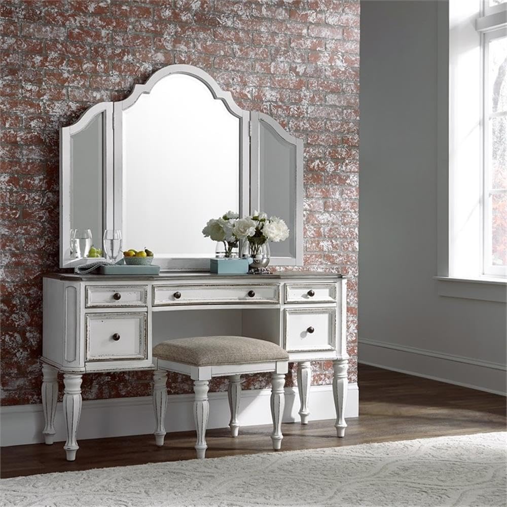 BOWERY HILL Modern Wood Vanity Stool, Antique White Finish, Ivory Tweed Chenille Upholstery, Turned Faceted Legs, Bedroom Accent Chair, 18.5 in Seat Height, Indoor Use