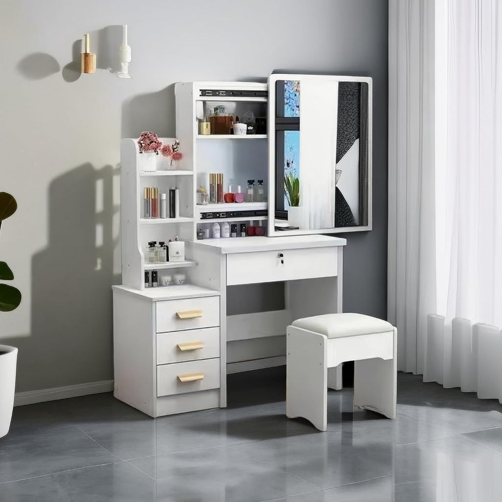 Makeup Vanity Desk with Mirror and Lights, Vanity Table Set with Storage Drawer & Chair & 3 Shelves, 3 Lighting Colors, Adjustable Brightness White Makeup Vanity with Lights (Medium)