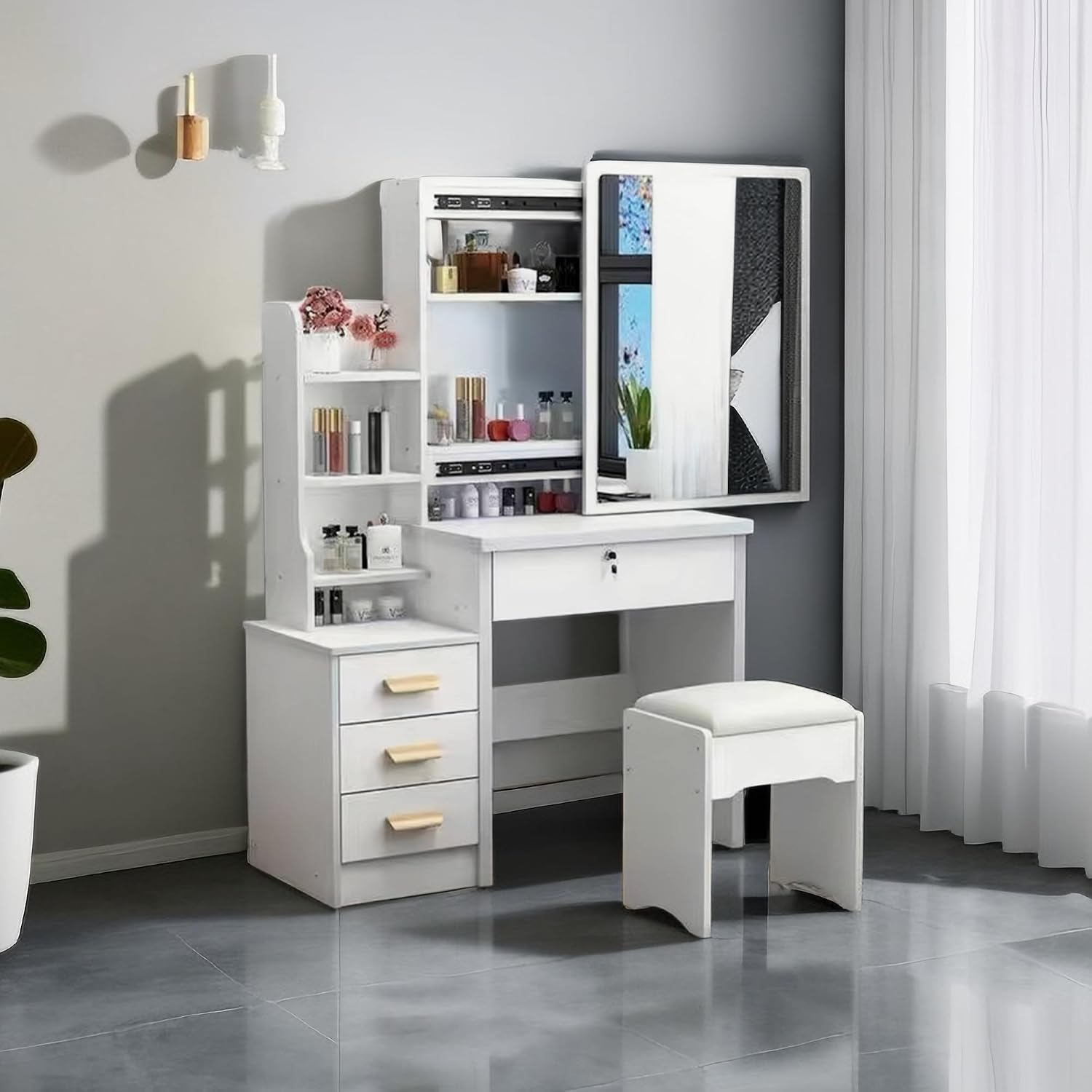 Makeup Vanity Desk with Mirror and Lights, Vanity Table Set with Storage Drawer & Chair & 3 Shelves, 3 Lighting Colors, Adjustable Brightness White Makeup Vanity with Lights (Medium)
