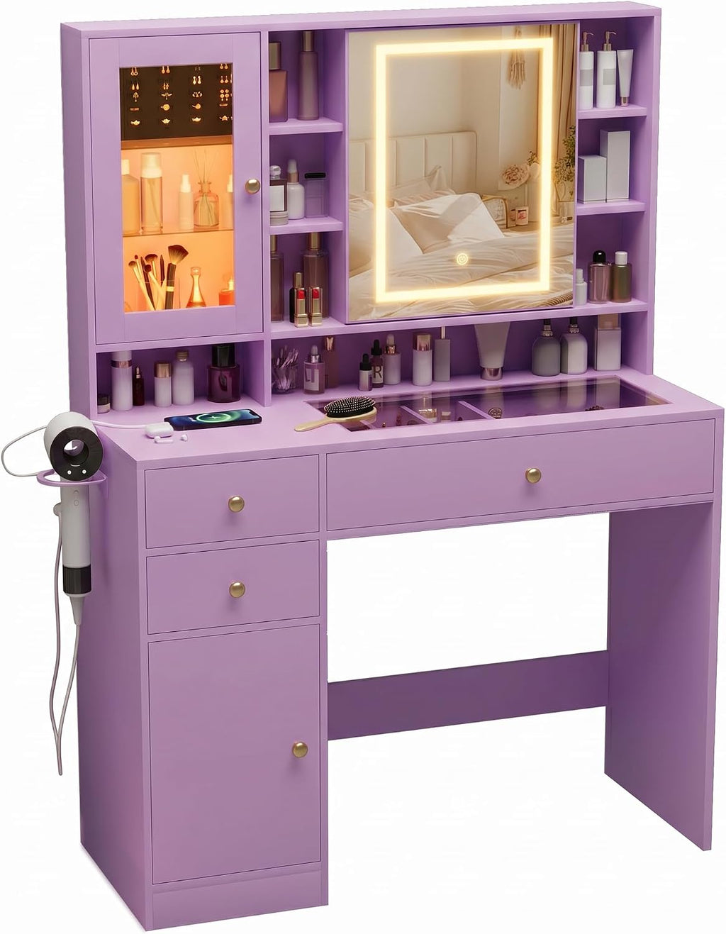 Makeup Vanity Desk with Mirror and Lights, Purple Vanity with Glass Top, Jewelry Storage, Power Outlets, 3 Drawers & 2 Cabinets, Adjustable LED Lighting, Dressing Table for Women & Girls Bedroom