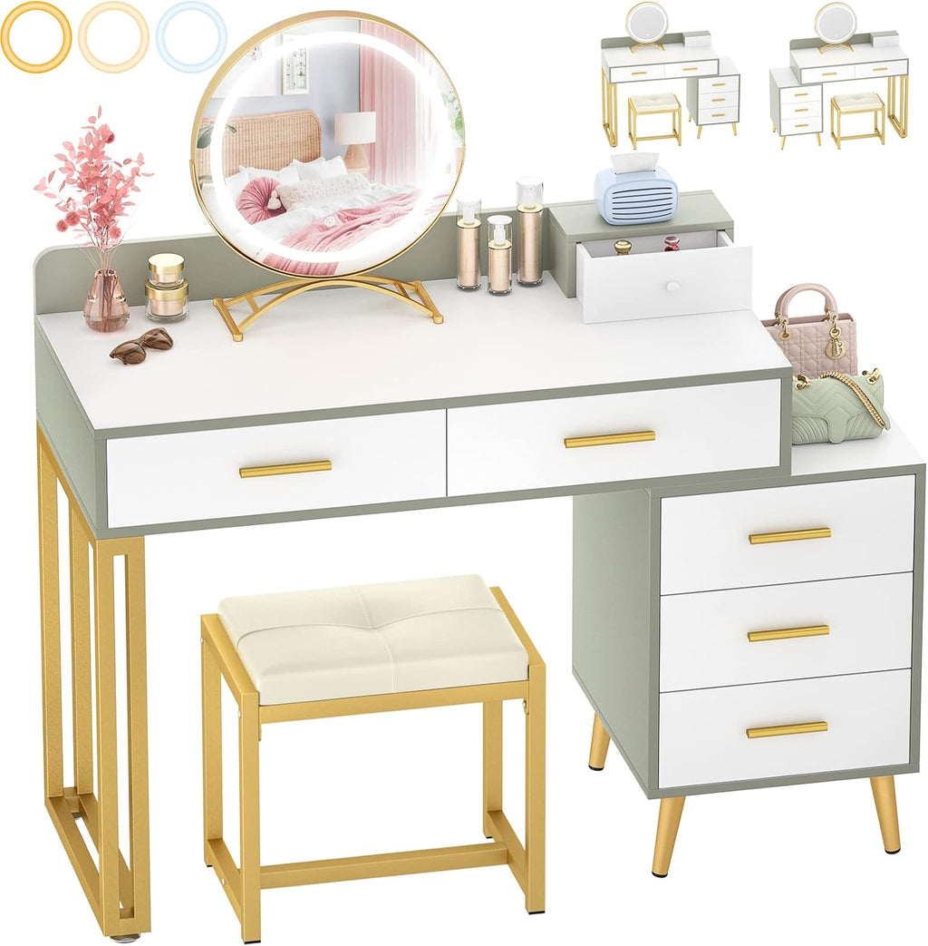 Armocity Vanity Desk with Mirror and Lights, Makeup Vanity Table Set with 6 Storage Drawers, Stool and Divided Organizers, Dressing Table with 3 Color Lighting Options for Women Girls, White and Cyan