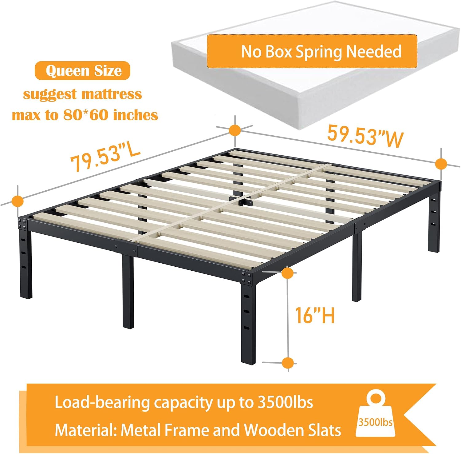 ZIYOO Queen Size Bed Frame 16 Inches High, 3 Inches Wide Wood Slats with 3500 Pounds Support for Foam Mattress, No Box Spring Needed, Heavy Duty Metal Platform Bed Frame, Easy Assembly, Noise Free