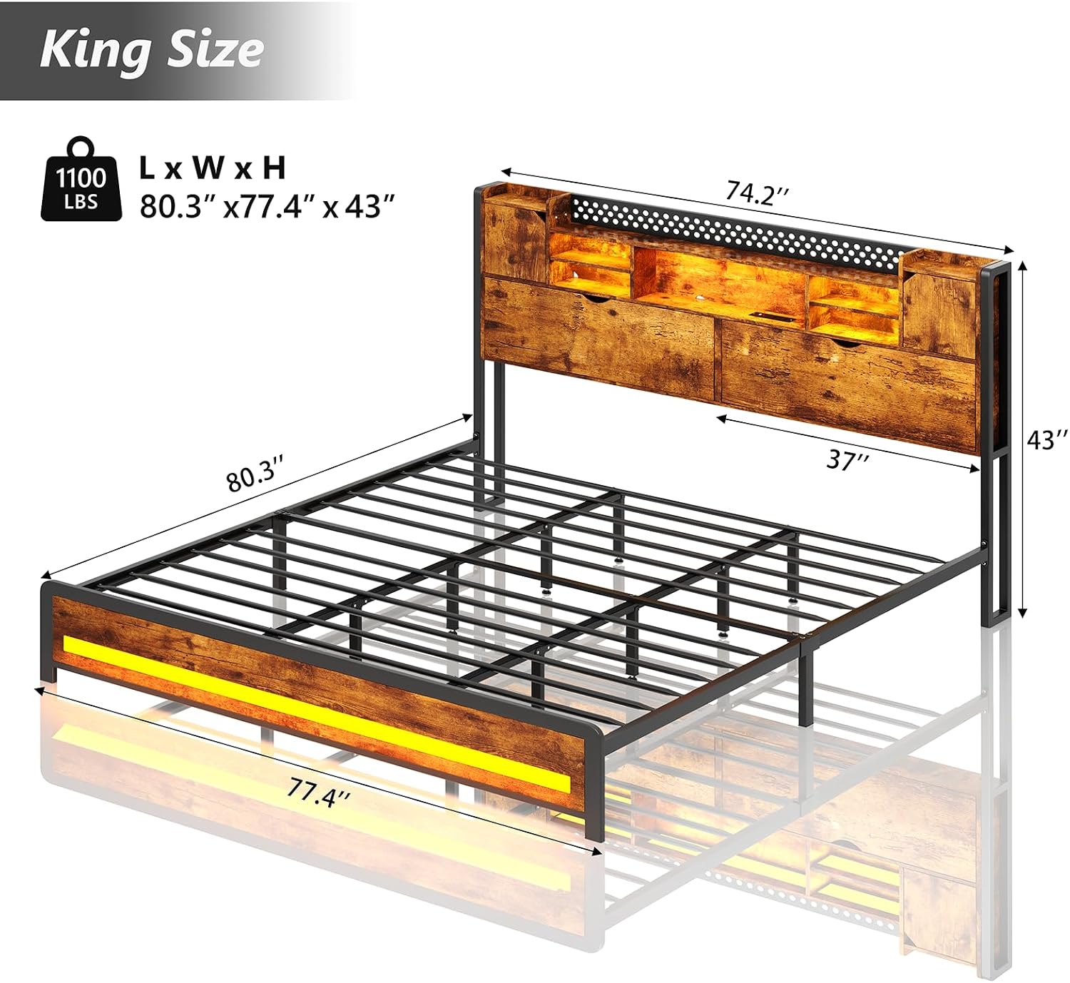 CSZZD King Size Bed Frame and Storage Headboard, LED Bed Frame with USB Charging Station, Metal Platform Bed Frame King with Hidden Storage Space, No Box Spring Needed