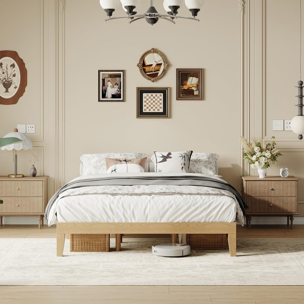 Queen Size Wood Platform Bed Frame, 12 Inch Solid Wood Bed Frame with Wooden Slats, No Box Spring Needed, Easy Assembly, Rustic Pine