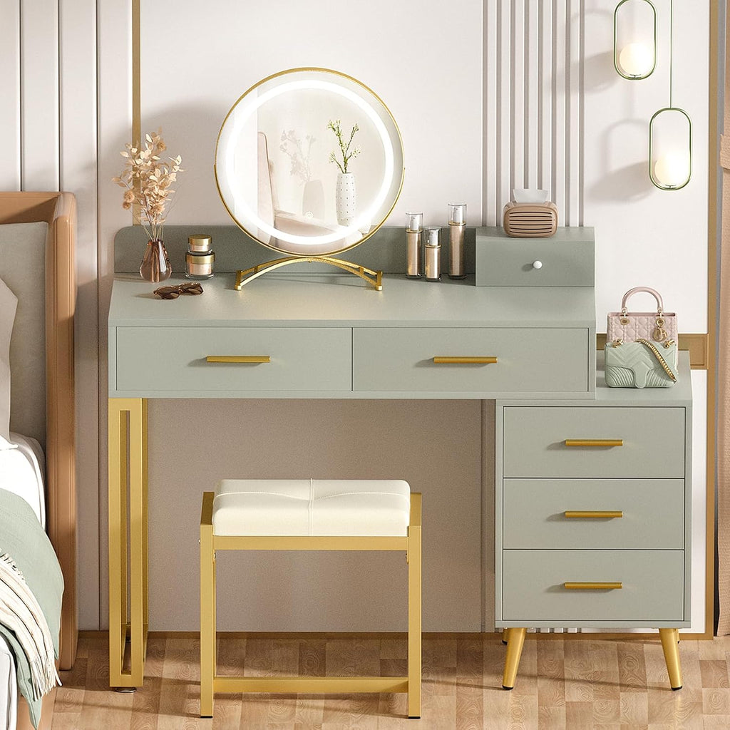 Armocity Vanity Desk with Mirror and Lights, Modern Makeup Vanity Table Set with 6 Storage Drawers and Cushioned Stool for Bedroom, Dressing Table with Divided Organizers for Women Girls, Cyan