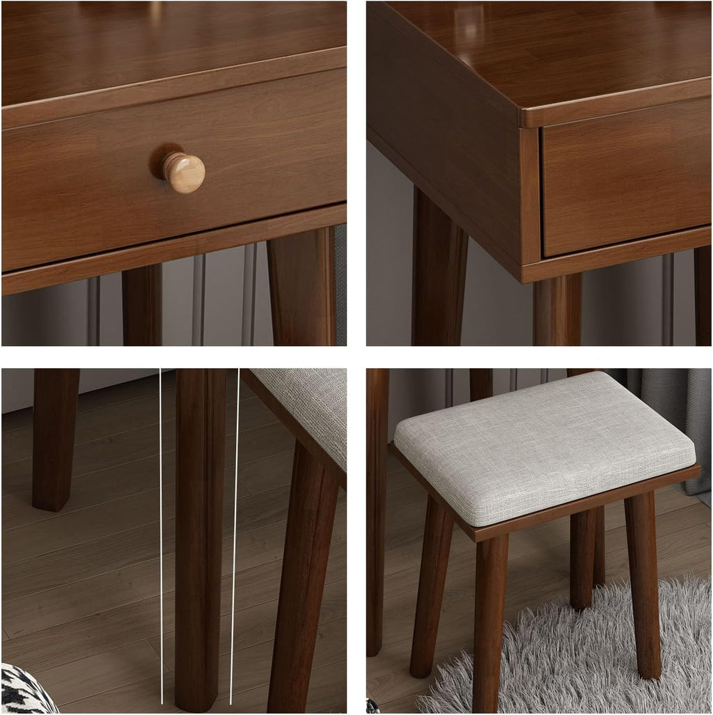 Rieort Vanity Desk Nordic Vanity Benches with Drawers and Led Lighted Mirror Vanity Table Set Cushioned Stool Elegante Makeup Table