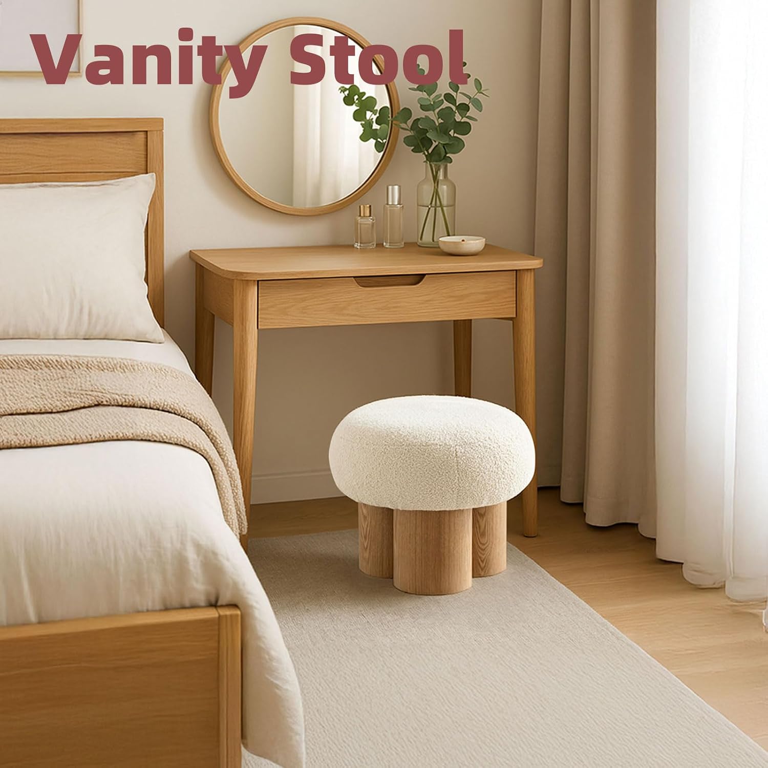 Living Room Ottoman Foot Stool, 17' Round Mid Century Modern Ottoman with Bouclé Teddy Fabric & Solid Wood Legs, Entryway Foot Rest for Couch, Vanity Seat, Bedroom Bench(Wood)