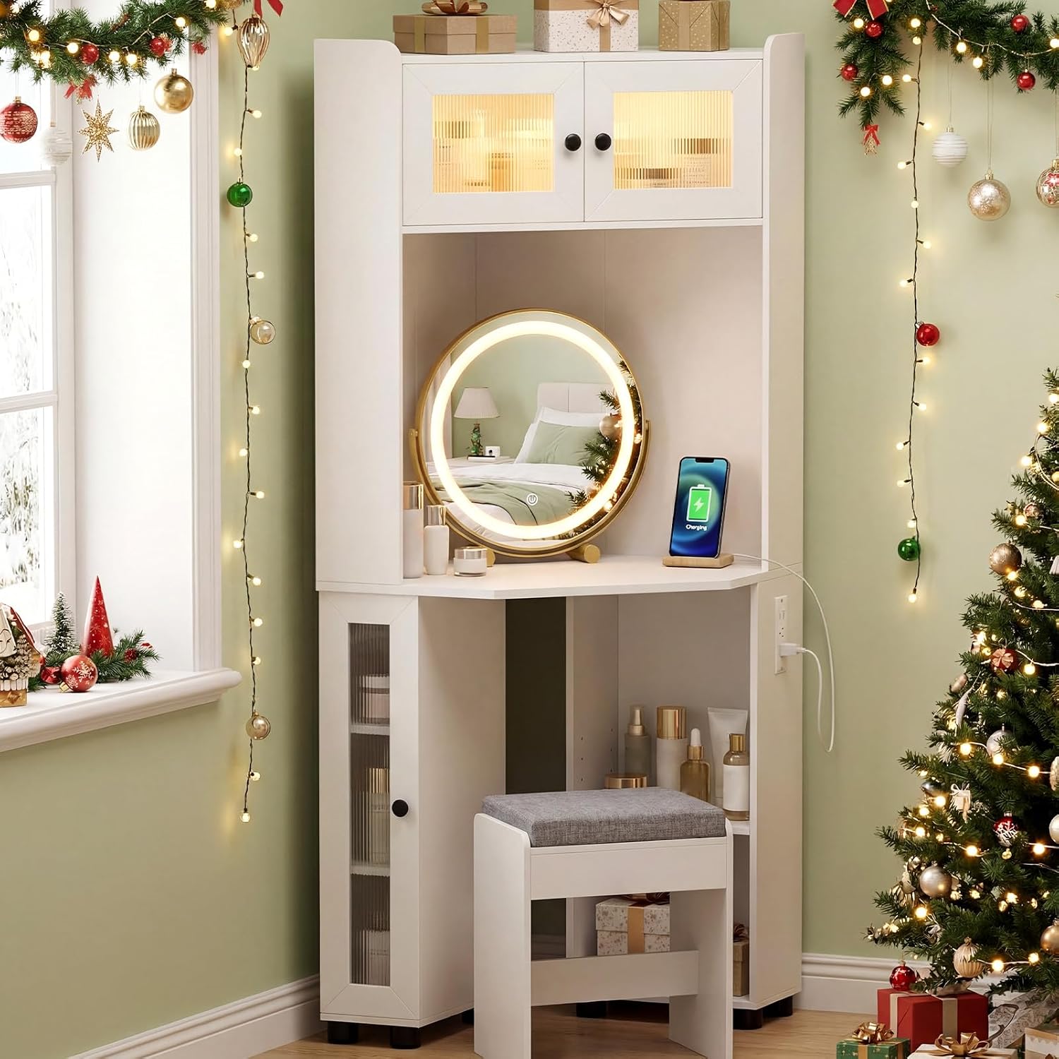 CHARMAID Corner Vanity Desk with LED Mirror & Lighted Fluted Cabinet, White Makeup Vanity Table with Charging Station, Adjustable Shelves, Space Saving Dressing Table with Stool for Small Bedroom