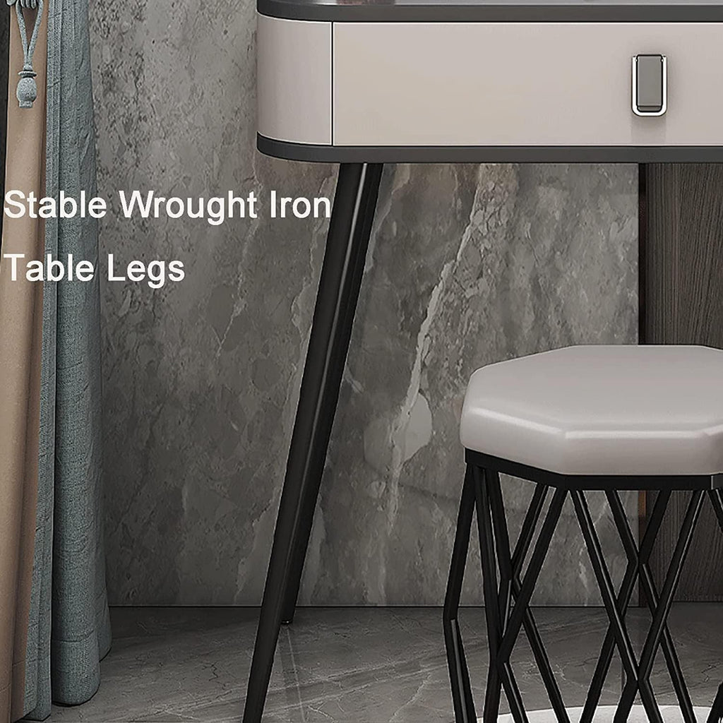 Rieort Vanity Desk MDF Vanity Table Set with Flip Top Lighted Mirror Makeup Table Cushioned Stool Home Nightstand Vanity Benches