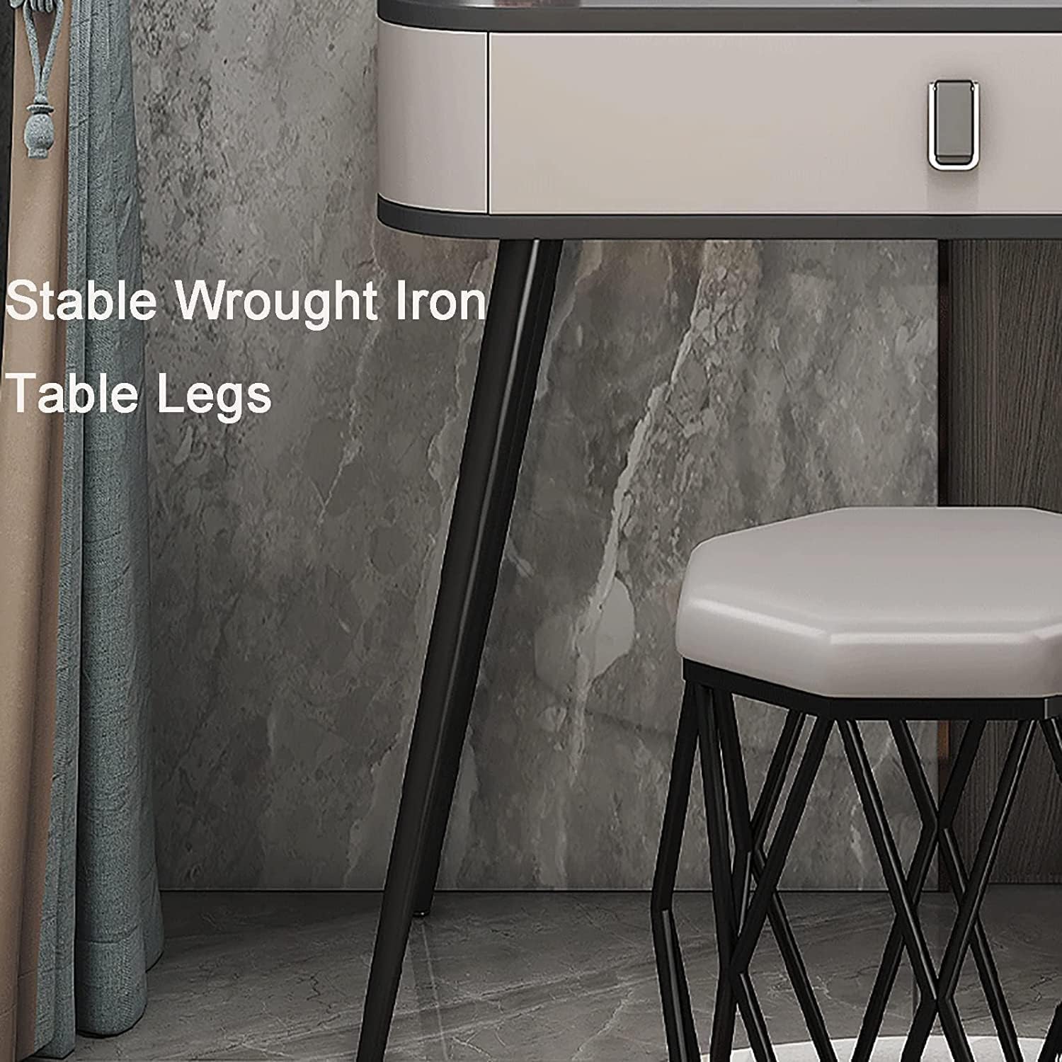Rieort Vanity Desk MDF Vanity Table Set with Flip Top Lighted Mirror Makeup Table Cushioned Stool Home Nightstand Vanity Benches