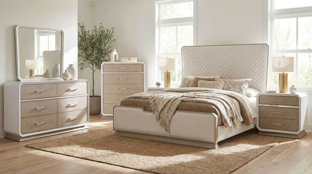 First of a Kind Dior Two Tone Luxury 4 Piece Queen Bedroom Set with Upholstered Tufted Headboard Modern Glam Design Coordinated Furniture Collection