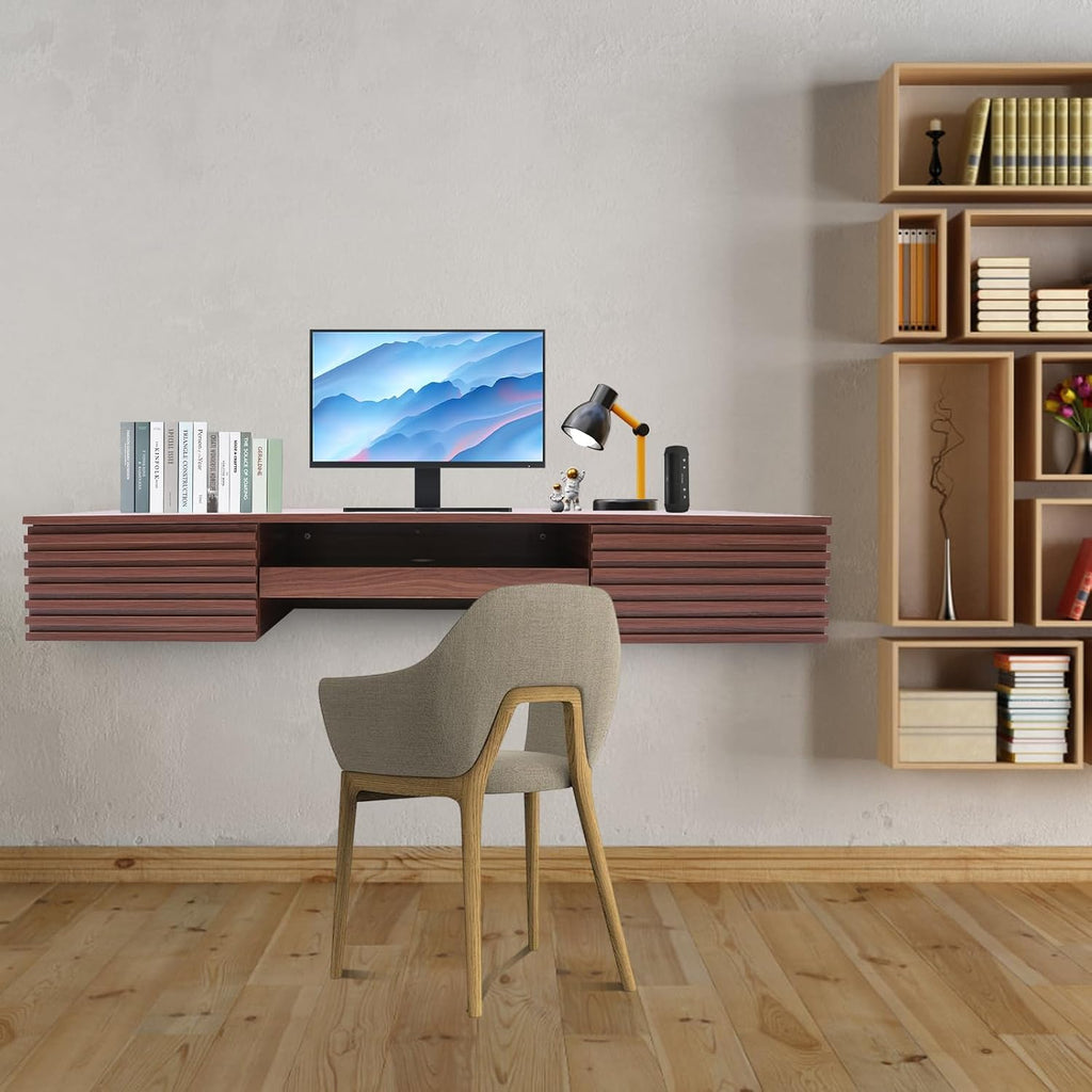 Wall Mounted Floating Desk, Brown Small Spaces Workbench Hanging Table with Pull-Out 2 Drawers, Mount Computer Laptop Desks, Wall-Mounted Corner Book Shelf for Bedroom Student Dormitories
