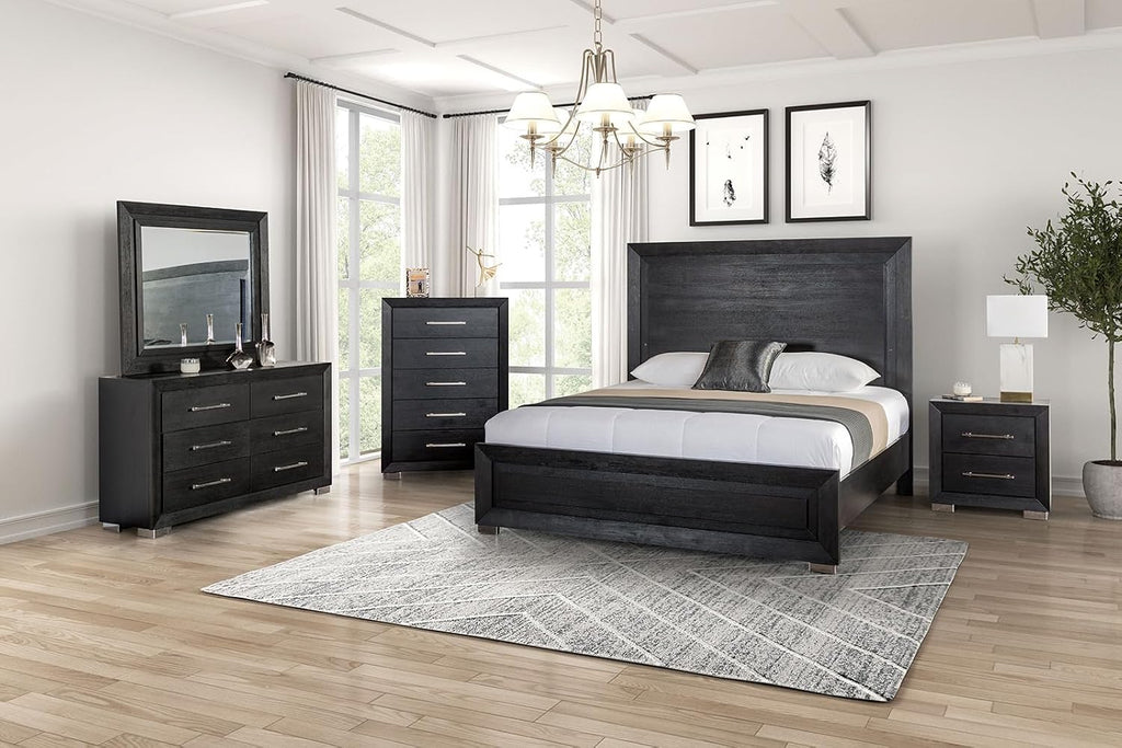 Eastern King King Size 4pc Bed Set LED Lights Beveled Mirror USB Port Ball Bearing Glides Metal Handles Black Finish Bedroom Furniture