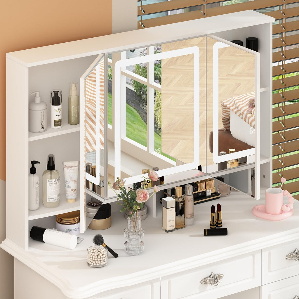 ECACAD Modern Makeup Vanity Desk with Lighted Mirror, Vanity Table Dressing Table with 9 Drawers, Hidden Shelves & Foldable Mirror, 3 Color Lighting Modes, Brightness Adjustable, White