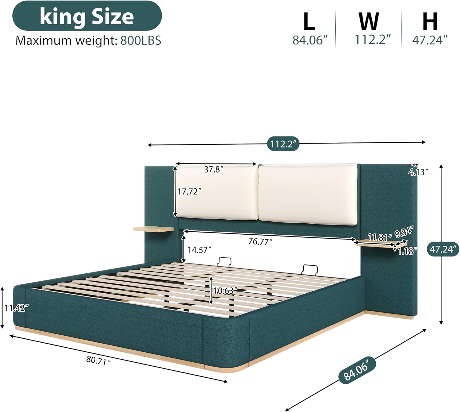 Green Bed Frame with Soft Upholstered Storage Tall Headboard, King Size Floor Platform Bed Frames, Anti-Collision Curved Footboard Bedroom Sets,No Box Spring Needed (Green, King)