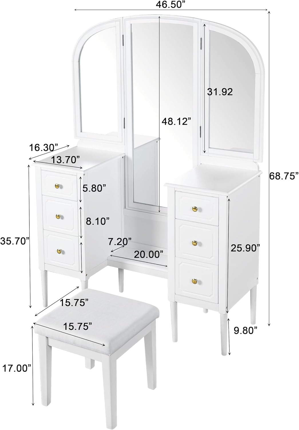 Merax Antique Vanity Desk with Triple Mirror, 46' Makeup Vanity Set with Cushioned Stool, Large Dressing Table with 6 Storage Drawers for Bedroom Dressing Room, White