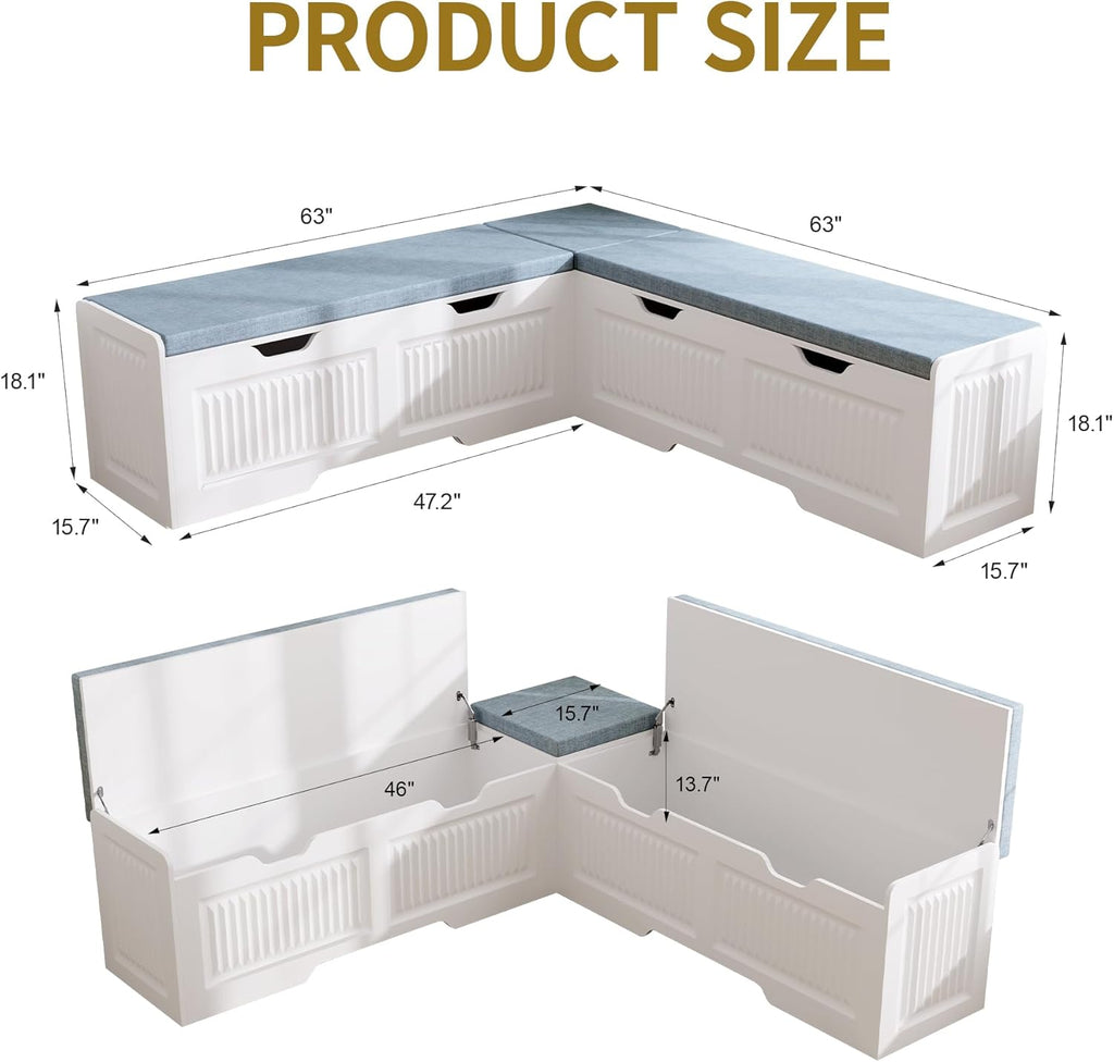 L-Shaped Storage Bench, Corner Bench with Storage,Kitchen Breakfast Nook Bench, with Large Hidden Storage Space,Suitable for Dining Nook,Kitchen Corner and Entryway (White-01)