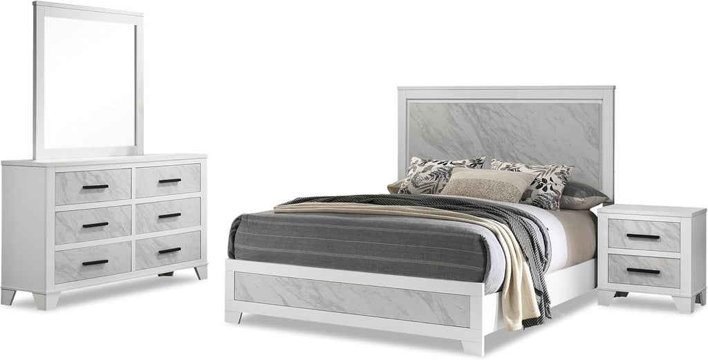 Furniture of America Anton Modern Solid Wood 4-Piece Bedroom Set with Faux Marble Headboard Bed, Metal Center Glide on Nightstand and Dresser with Mirror, Box Spring Needed for Bedroom, King, White