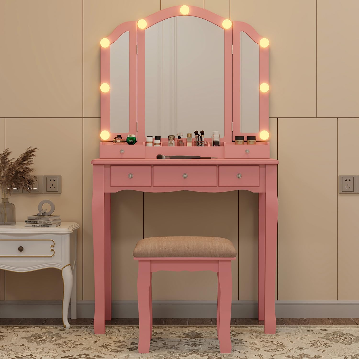 Pink Vanity Desk With Mirror And Lights For Girls Makeup Vanity Desk With Chair Vanity Table And Stool Set With 5 Storage Drawers 3 Colors Lighting Modes Tri Fold Vanity Mirror Lighted Vanity