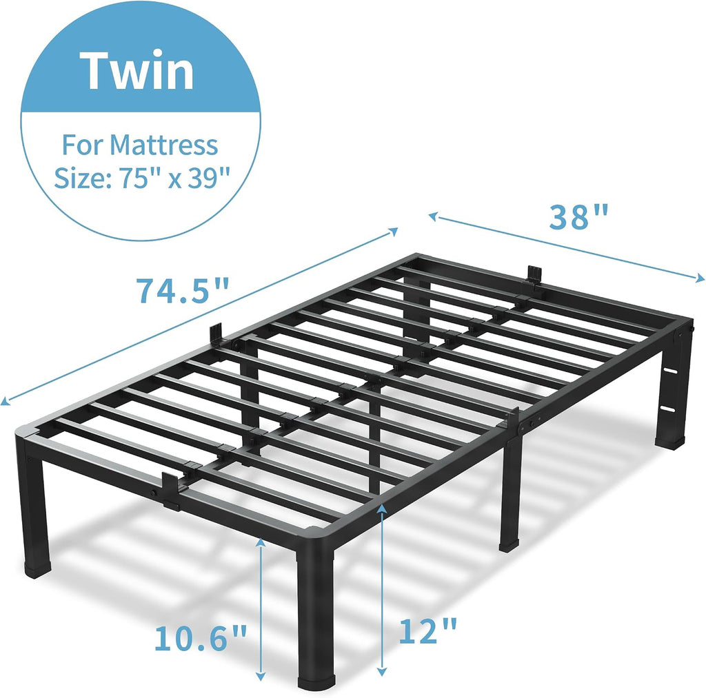 VIPSHOW 12 Inch Twin Size Bed Frame, 3500Lbs Heavy Duty Metal Platform with Round Corner Legs Mattress Slide Stopper, Steel Slat Support No Box Spring Needed, Noise Free, Non-Slip, Easy Assembly