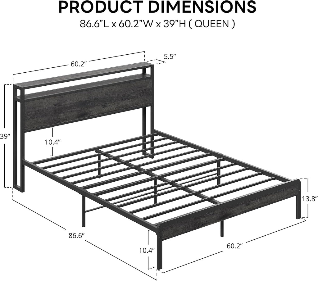 LIKIMIO Queen Bed Frame with Headboard, Dark Wood Camas Queen with Strong Supports, Sturdy, Noise-Free, No Box Spring Needed, Grey