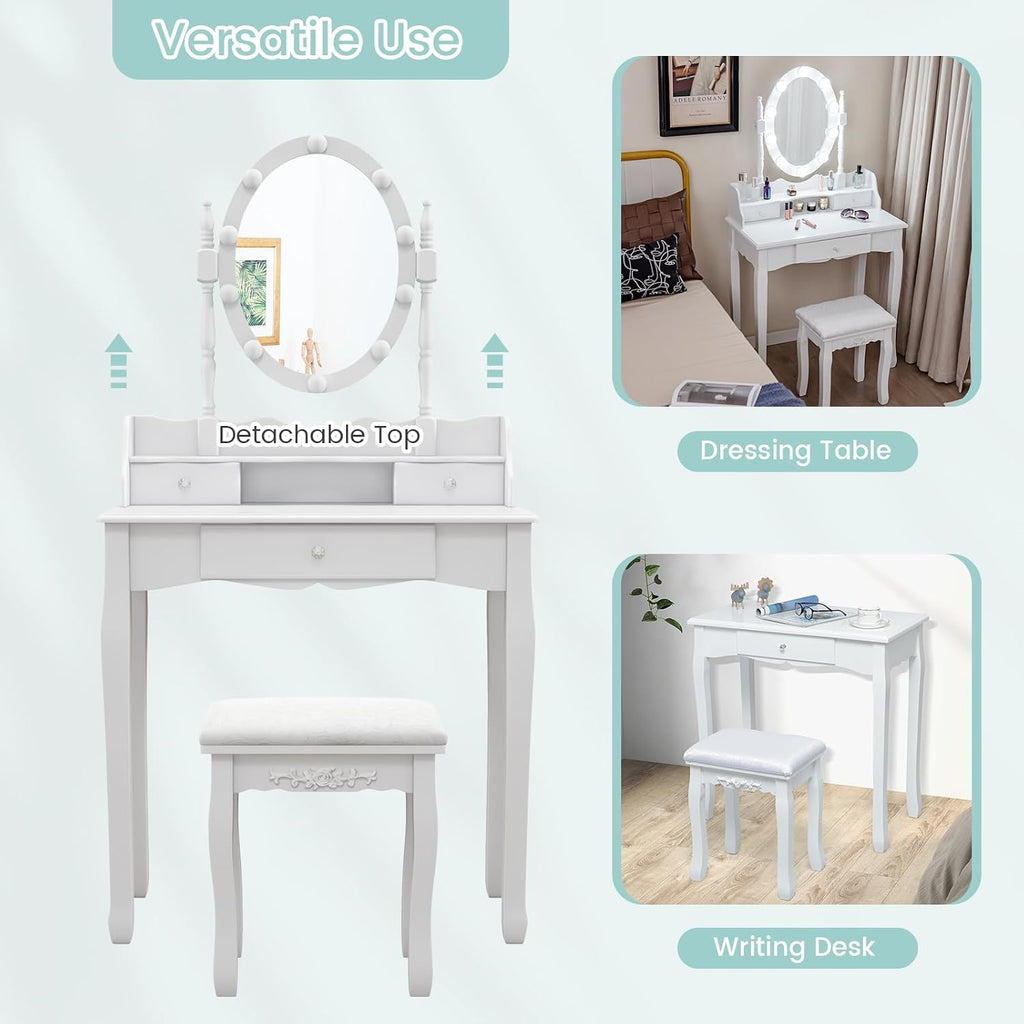 GOFLAME Vanity Table Set with Rotatable Mirror, Makeup Vanity Desk with 3-Color Dimmable LED Lights, 3 Drawers and Cushioned Stool, Dressing Table Set for Bedroom Studio (White)