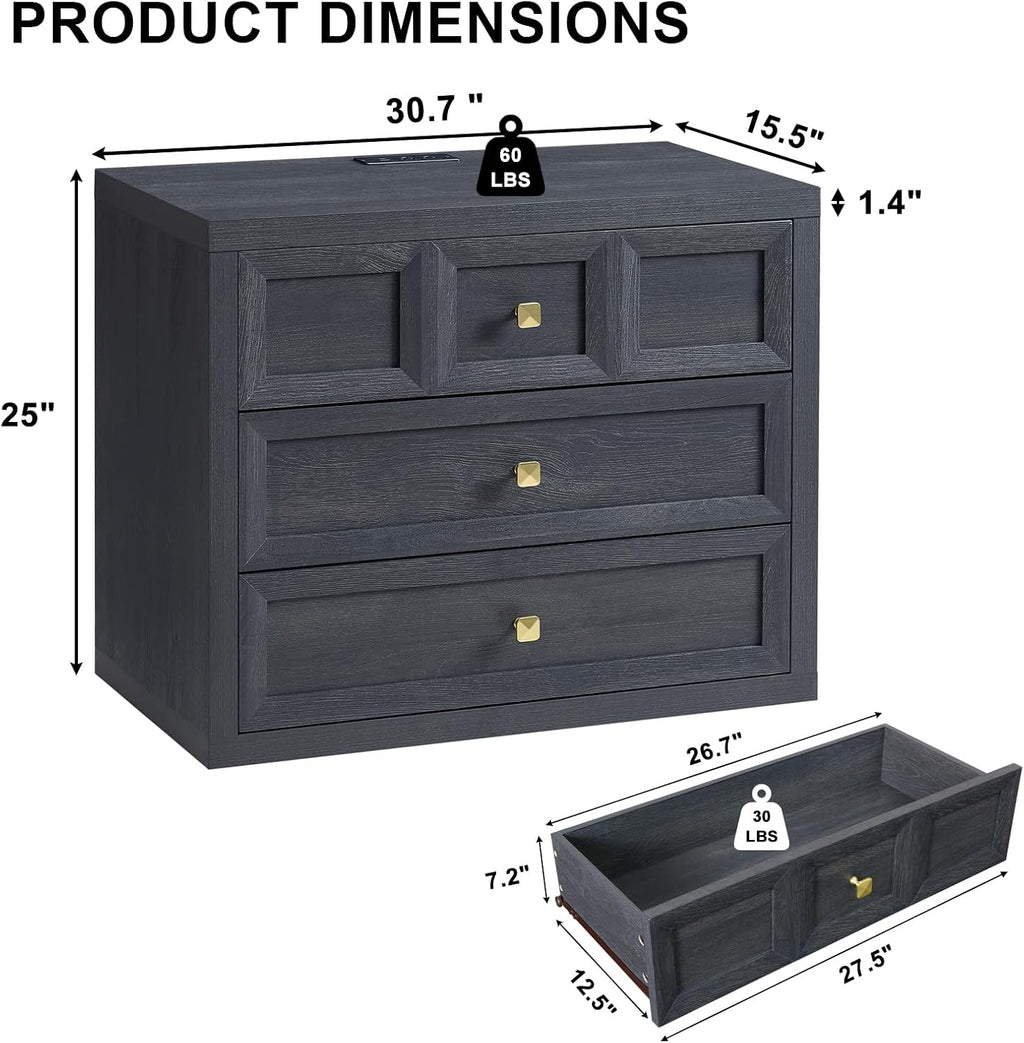 3 Drawers Nightstand W/Charging Station, 30.7' W King Size Bedside Table with 3 Drawers, Accent End Table W/Large Storage, Modern Wood Side Table for Bedroom,Office (1Piece, Gray Black)
