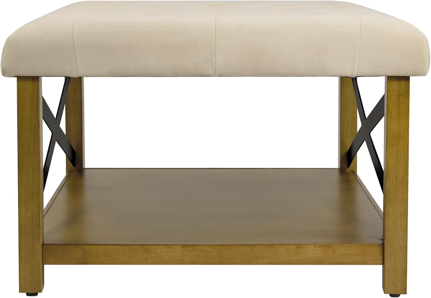 Upholstered Bench with Wood Frame and Shelf, Beige
