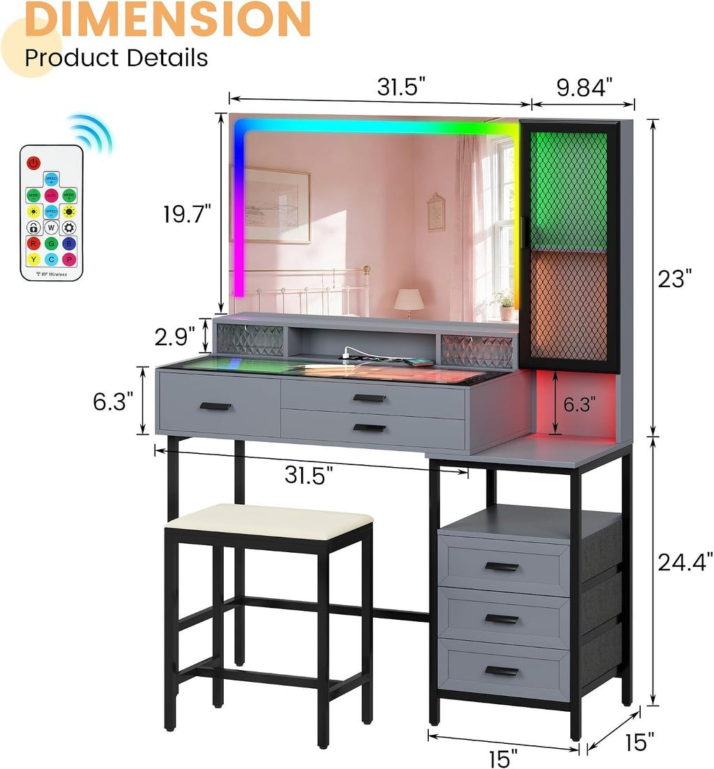 Makeup Vanity Desk with Large Mirror, Glass Top Vanity Table Set with RGB 24 Color Dimmable Lights, Dressing Table with 6 Drawers and Cushioned Stool (Grey)