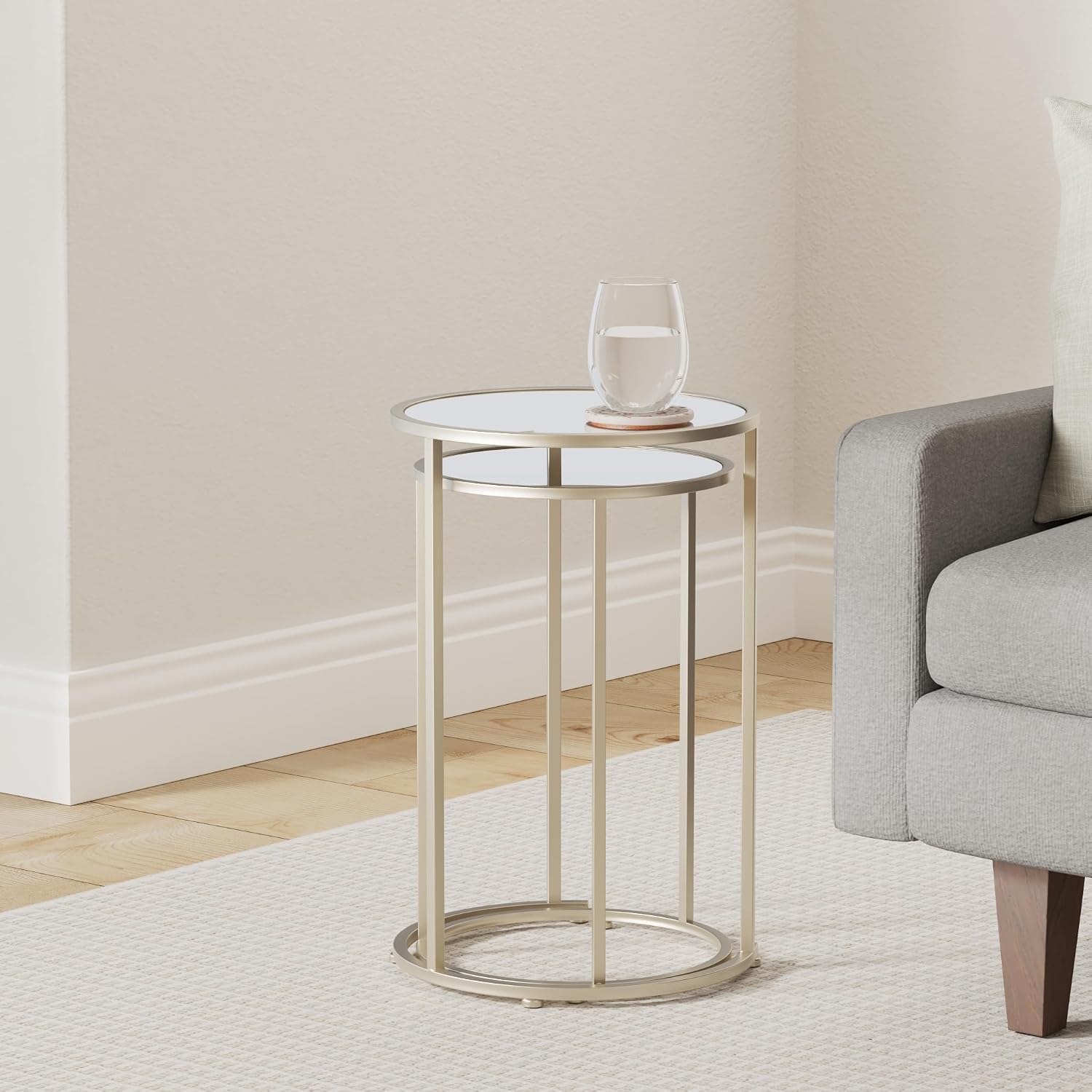 Rutledge & King Round End Table Set - Gold End Tables with Mirrored Tops - Nesting Round Accent Tables - Gold and Mirrored Metal Side Tables Odessa End Table Set
