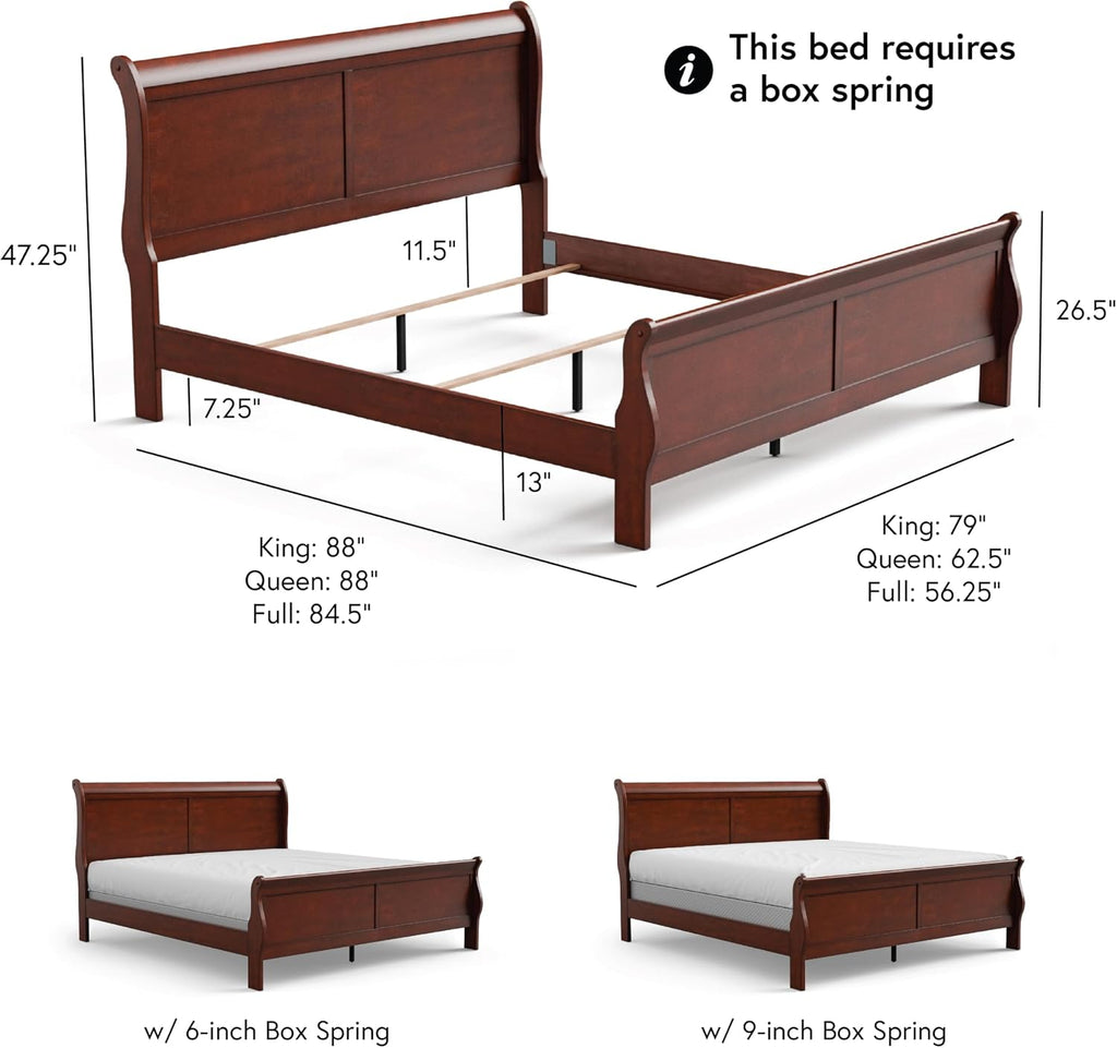 Furniture of America Arabella Traditional Solid Wood 3 Piece Bedroom Set, King Bed Frame and Nightstands Set of 2, Chic Sleigh Design Bedframe with Headboard and Footboard, Box Spring Needed, Cherry