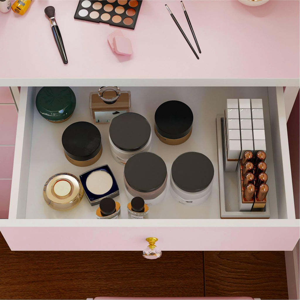 FUFU&GAGA Pink Vanity Set with Round Mirror, Makeup Vanity Bedroom Dressing Table with 5 Drawers, Shelves, Dresser Desk and Cushioned Stool
