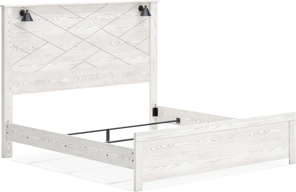 Signature Design by Ashley Gerridan Casual King Panel Bed with Sconce Lights and Metal Slats, Foundation or Box Spring Needed, White