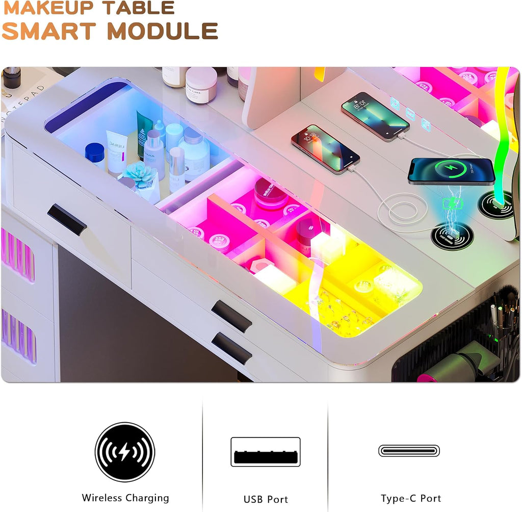 Lvifur RGB Make up Vanity Desk with Lights, Glass Top Vanity Table with 24 Color Dimmable Lights, Large Vanity Set with 8 Drawers, Dressing Table with Cushioned Stool