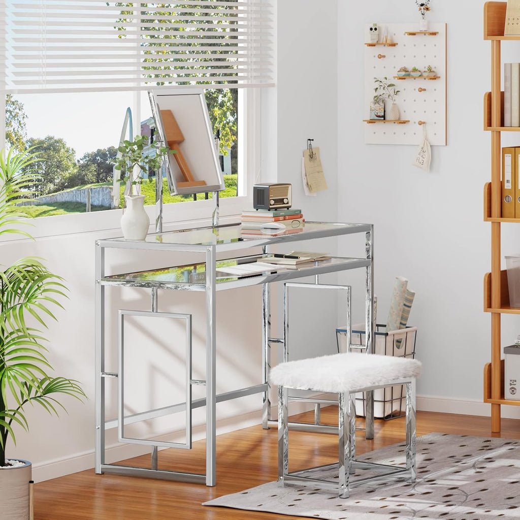 Acme Josh Metal Frame Vanity and Stool in White and Chrome