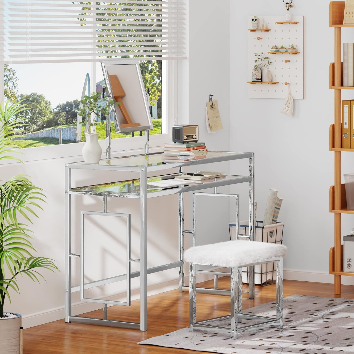 Acme Josh Metal Frame Vanity and Stool in White and Chrome
